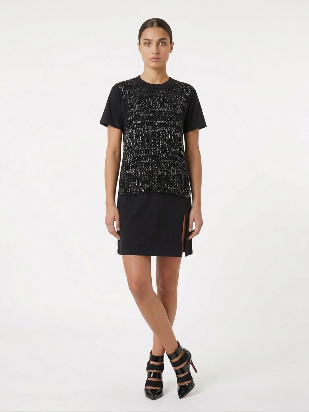 Dondup Black Sequin Embroidered T-Shirt Dress Sz M NWT